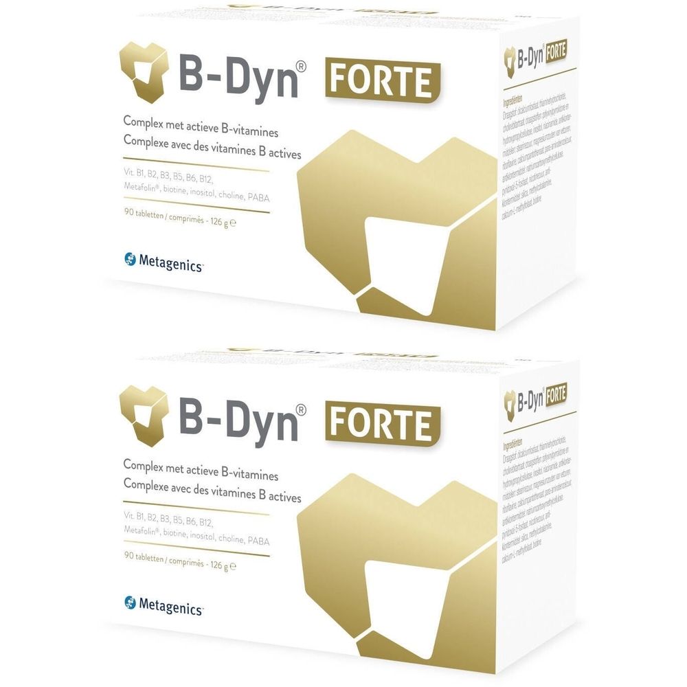 Deux boîtes de B-Dyn® FORTE. Boîtes blanches avec logo et texte dorés. Contient des vitamines B.