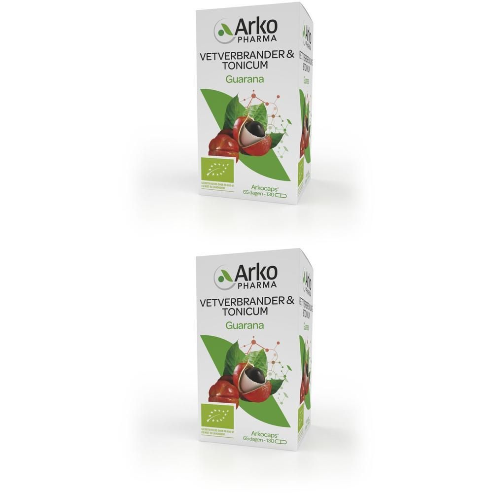 Zwei Kartons mit weißer Verpackung. Aufdruck: Arkopharma, Vetverbrander & Tonicum, Guarana. Abbildung von Guarana-Früchten und Blättern. Bio-Siegel.