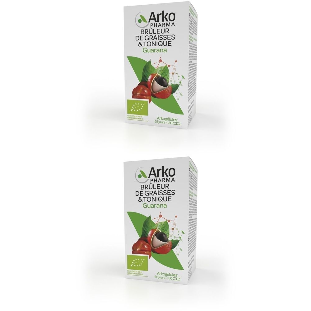 Deux boîtes blanches. Inscription: Arkopharma, Brûleur de graisses & Tonique, Guarana. Illustration de fruits et feuilles de guarana. Label bio.