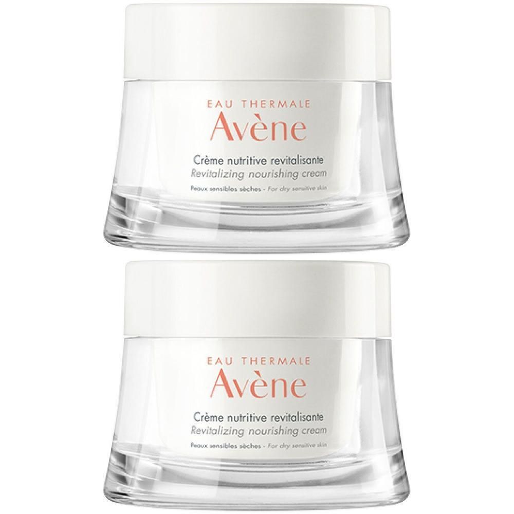 Zwei Tiegel Avène Crème nutritive revitalisante. Glasbehälter mit weißem Deckel. Aufschrift: Eau Thermale Avène.