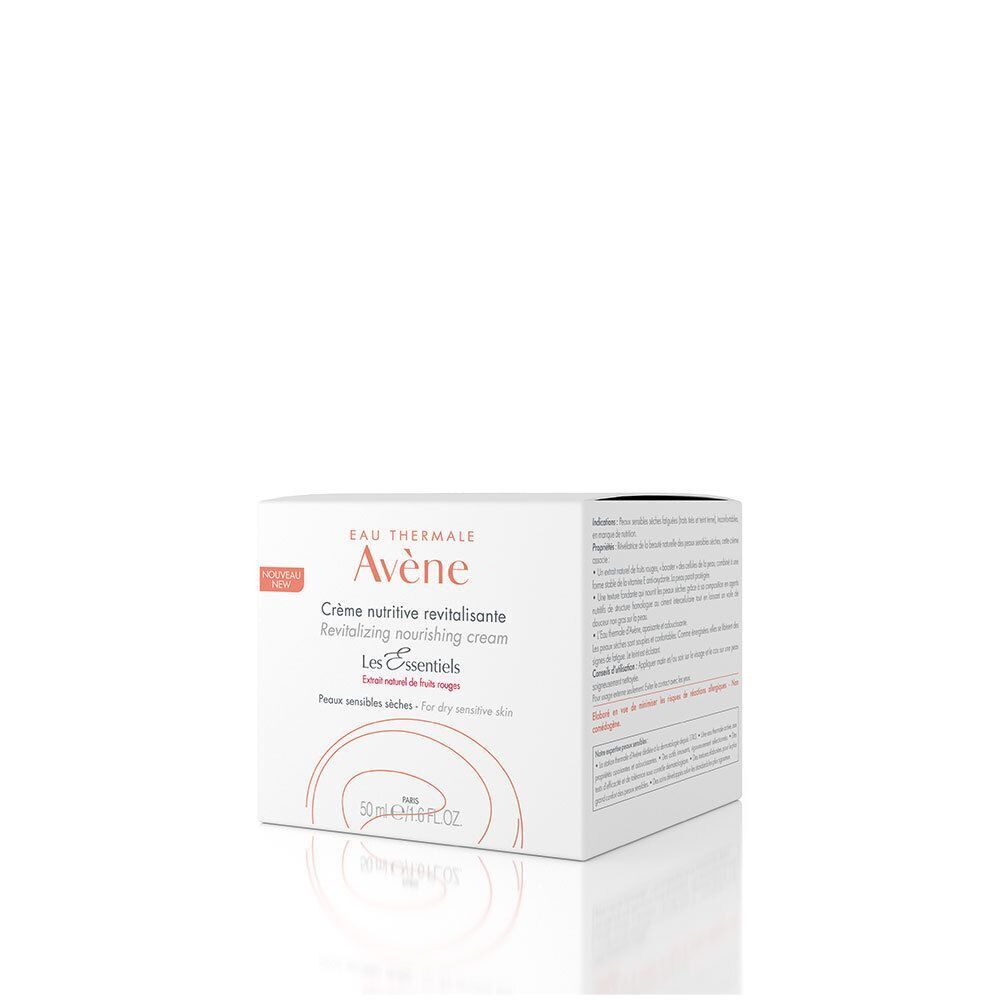 Verpackung Avène Crème nutritive revitalisante. Weiße Schachtel mit Produktabbildung und Text. Aufschrift: Eau Thermale Avène.