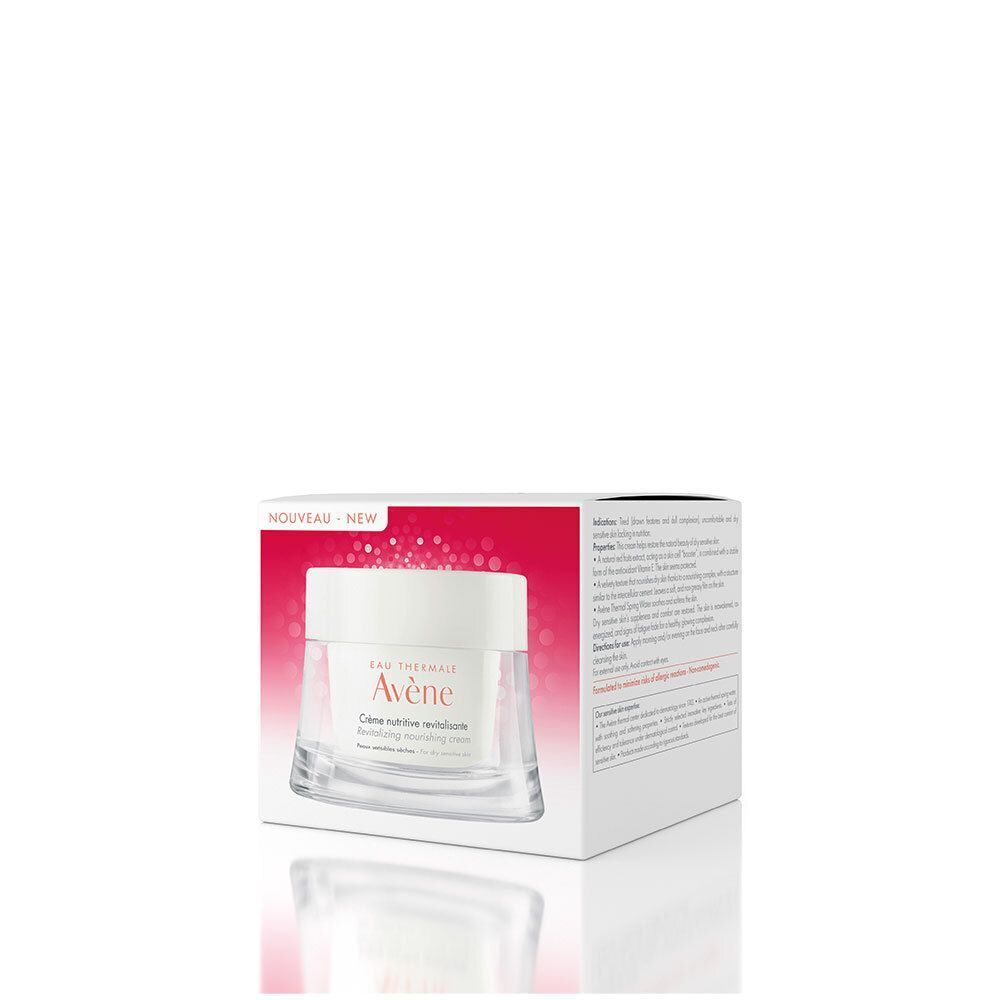 Verpackung Avène Crème nutritive revitalisante. Weiße Schachtel mit Produktabbildung und Text. Aufschrift: Eau Thermale Avène.