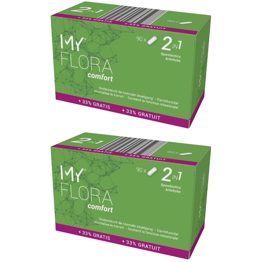 Deux boîtes vertes avec le logo "MY FLORA comfort". Inscription : 90x, 2en1, +33% GRATUIT. Contient des oligo-éléments et de l'artichaut.