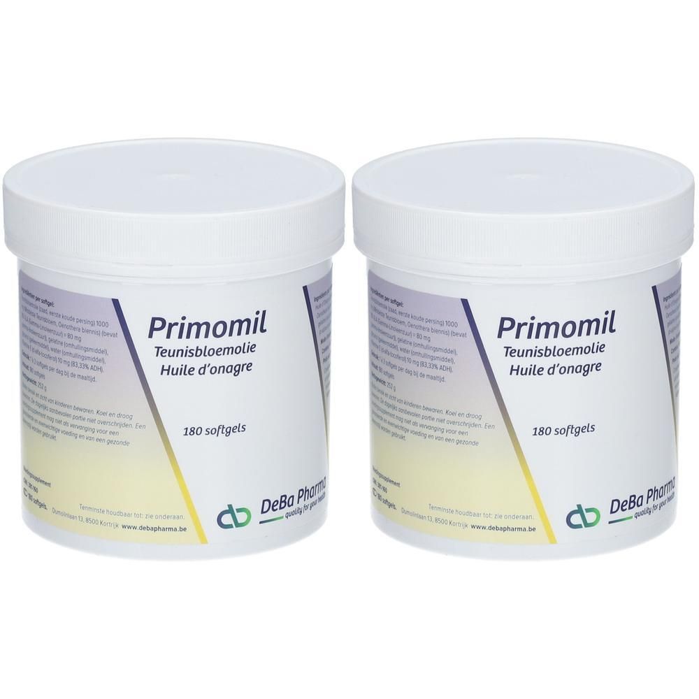 Zwei weiße Behälter mit Deckel. Aufschrift: Primomil, Teunisbloemolie, Huile d'onagre. 180 Softgels. DeBa Pharma.