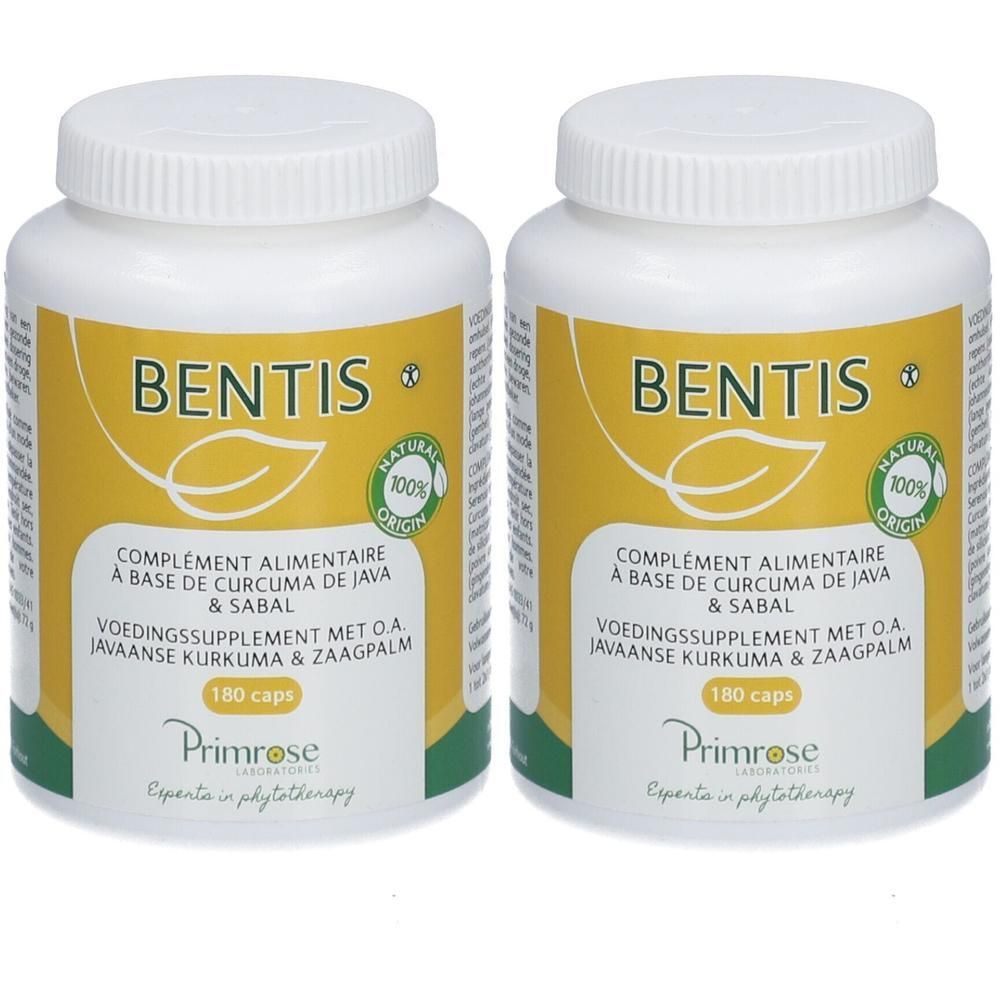 Zwei weiße Flaschen mit gelben Etiketten. Aufschrift: BENTIS, 180 Kapseln. Primrose Laboratoires.