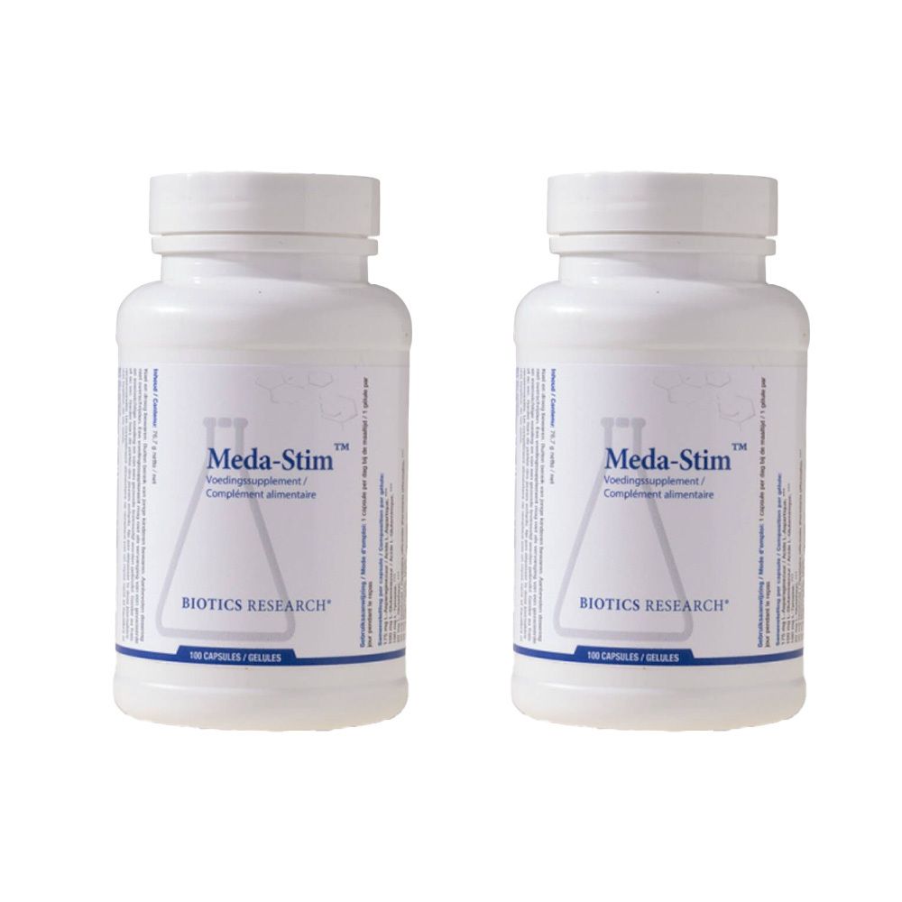 Zwei weiße Flaschen mit dem Etikett "Meda-Stim". Text: Nahrungsergänzungsmittel, Biotics Research. 100 Kapseln.