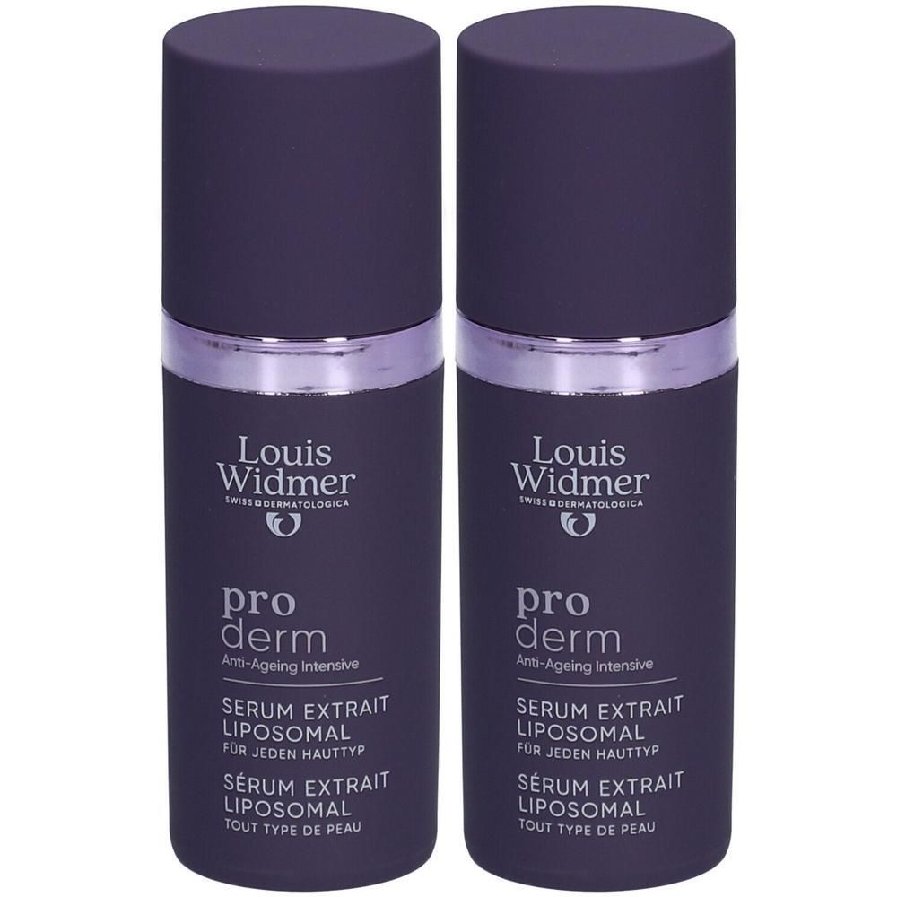 Zwei Flaschen Louis Widmer Proderm Serum. Dunkelviolette Flaschen mit silbernen Ringen und schwarzen Deckeln. Text: Serum Extrait Liposomal.