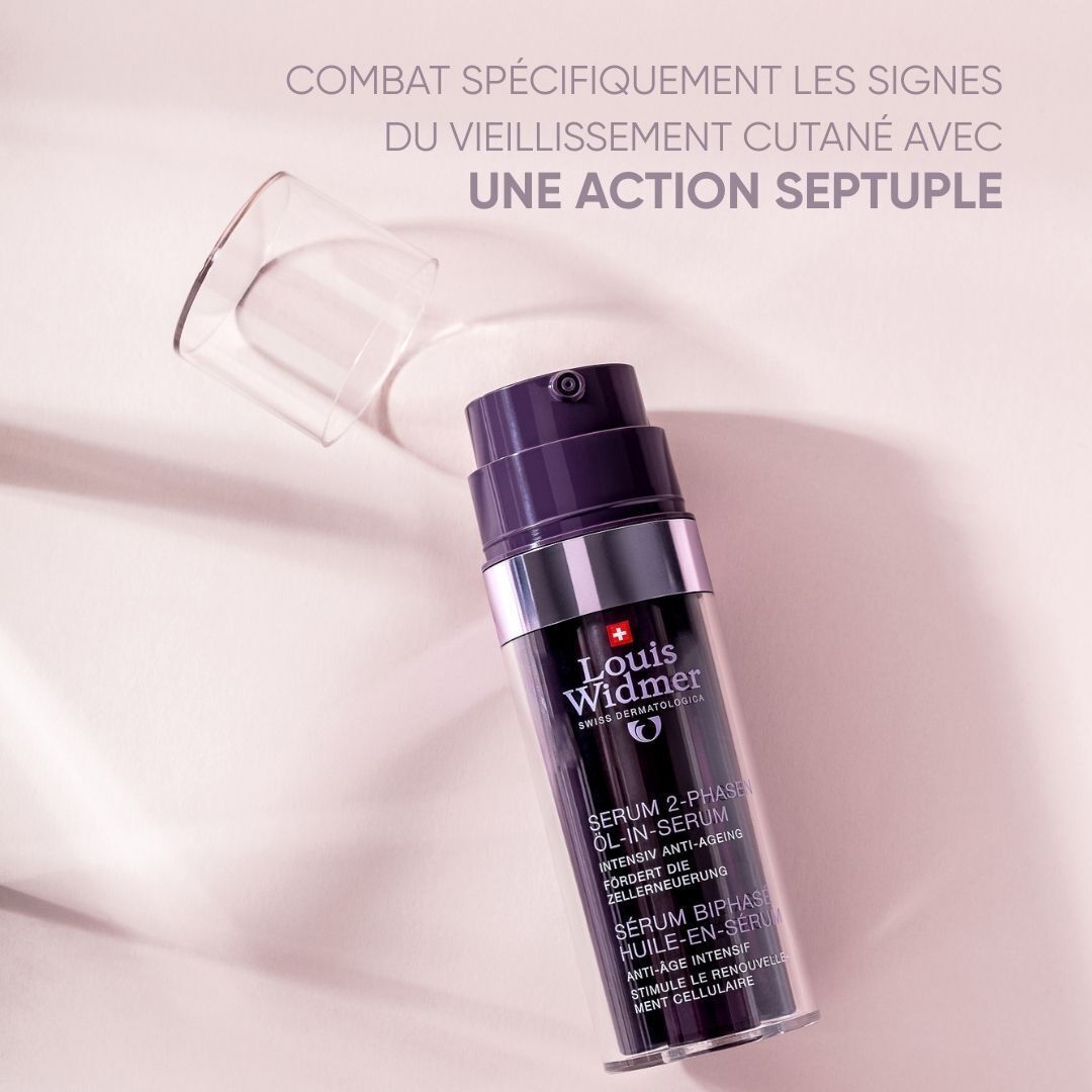 Produits Louis Widmer. Sérum, crème contour des yeux et crème de nuit. Texte : La préparation parfaite.