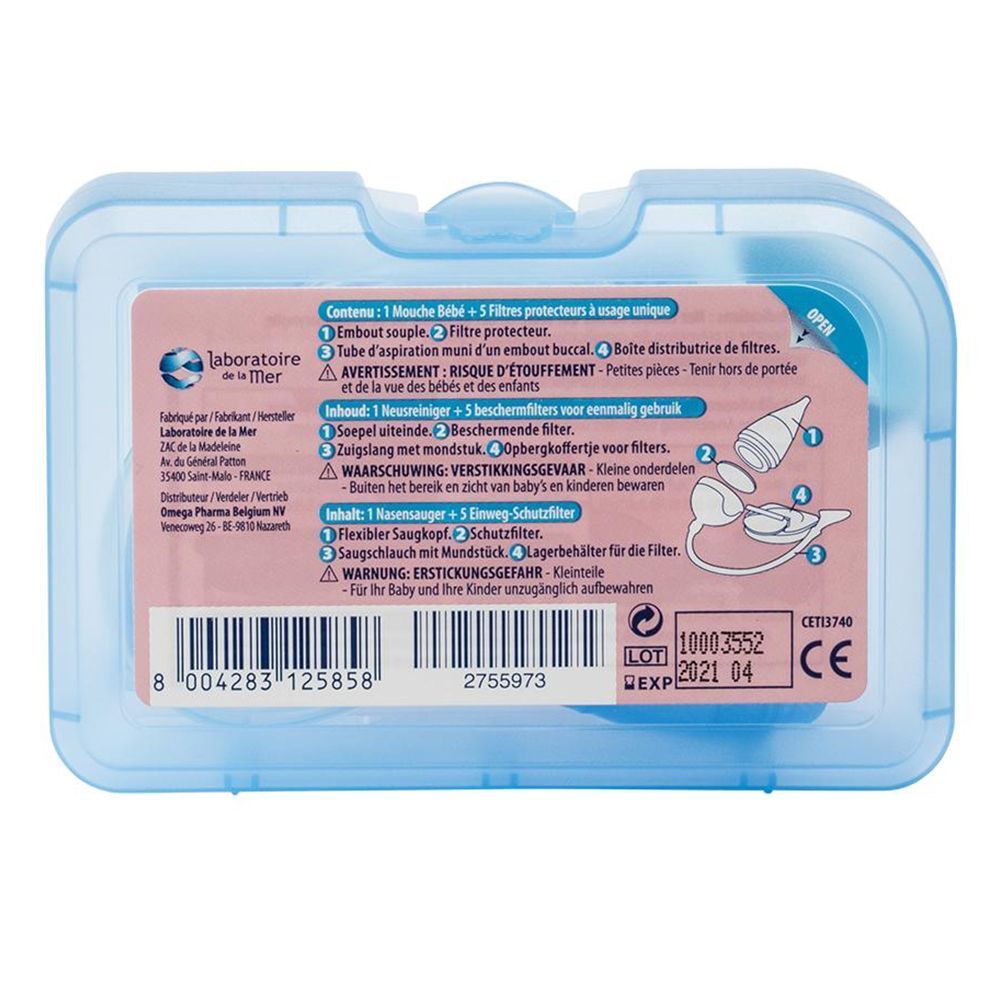 Rückseite einer blauen Box mit Produktinformationen. Enthält: Nasensauger, Filter, Schlauch, Mundstück, Behälter.