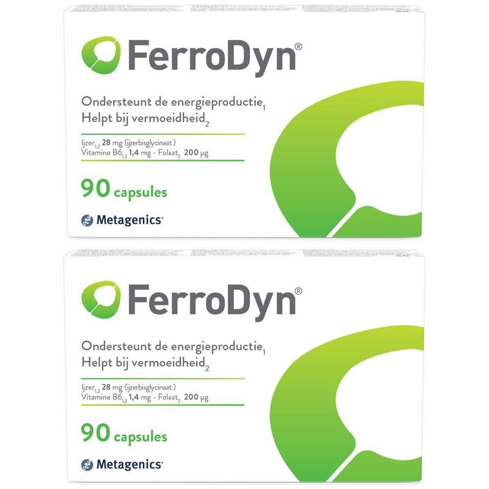 Zwei Schachteln FerroDyn®. Aufschrift: Unterstützt die Energieproduktion, hilft bei Müdigkeit. Enthält 90 Kapseln. Marke Metagenics.