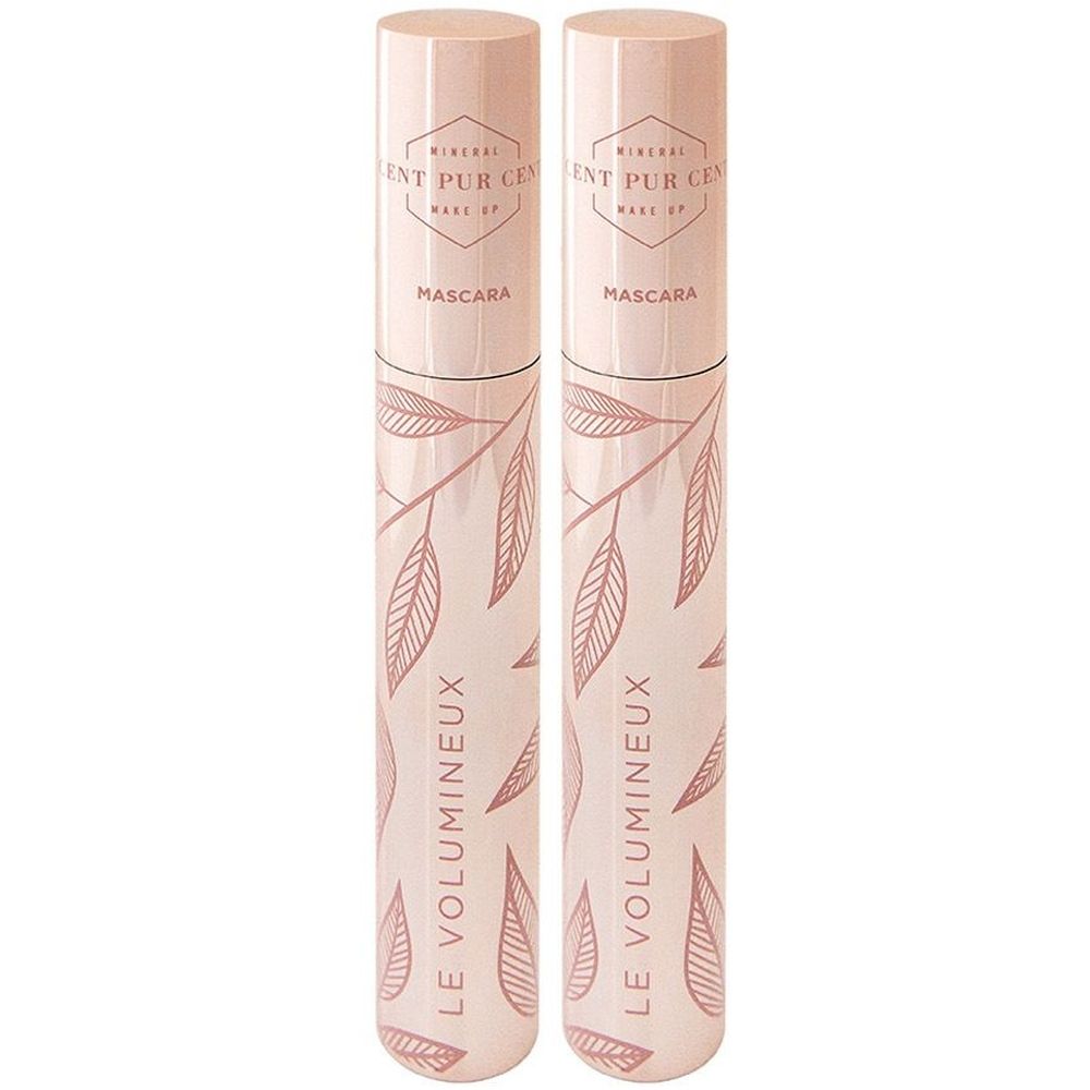 Deux tubes de mascara fermés. Tubes roses avec motif de feuilles et inscription "LE VOLUMINEUX".