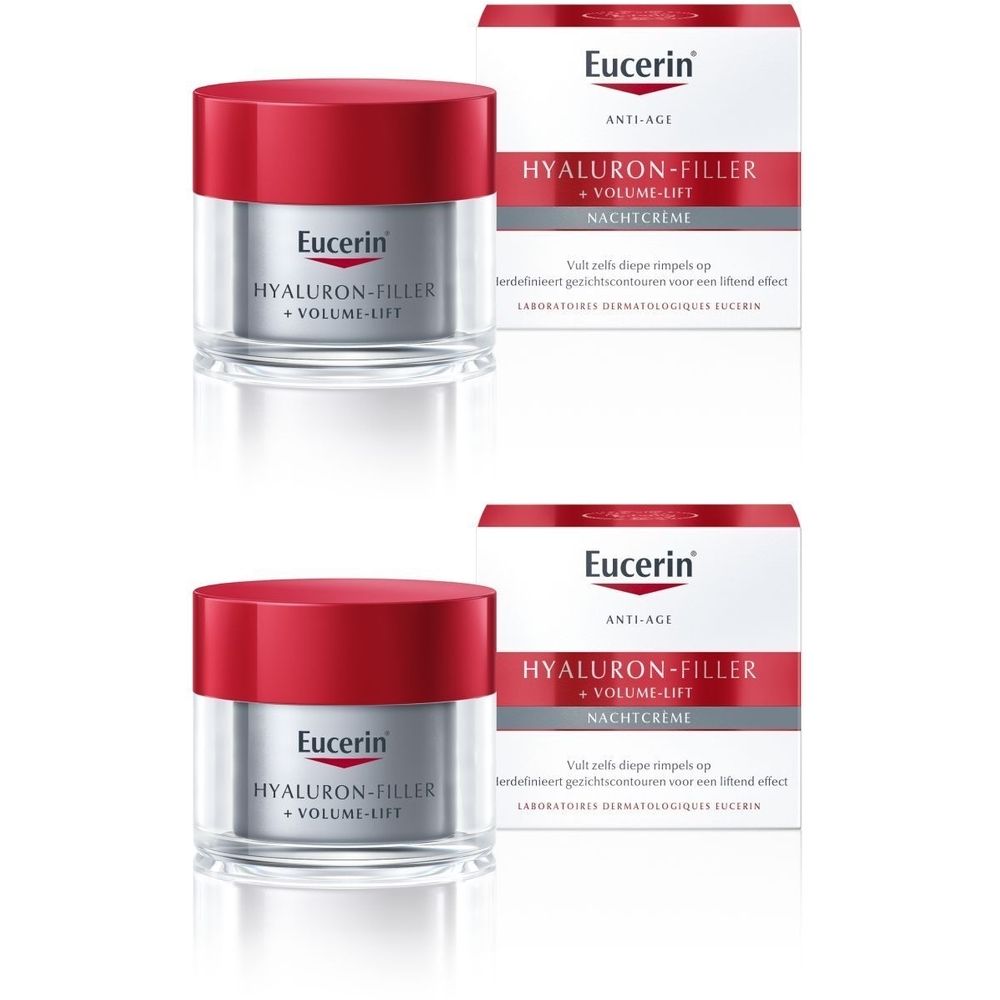 Zwei Tiegel mit rotem Deckel und weißer Verpackung. Aufschrift: Eucerin Hyaluron-Filler + Volume-Lift Nachtcrème.