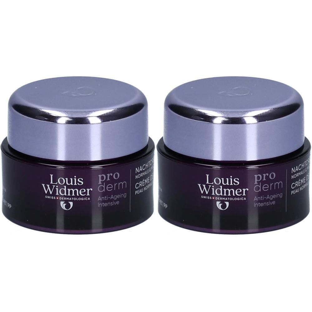 Zwei Tiegel Louis Widmer Proderm Anti-Ageing Intensive Crème de Nuit. Dunkelviolette Gläser mit silbernen Deckeln. Beschriftung.