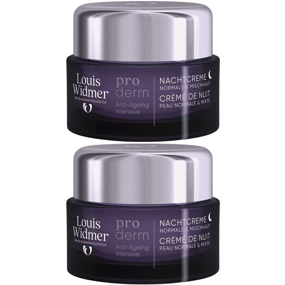 Deux pots de Louis Widmer Proderm Anti-Ageing Intensive Crème de Nuit. Pots violets foncés avec couvercles argentés. Inscriptions.