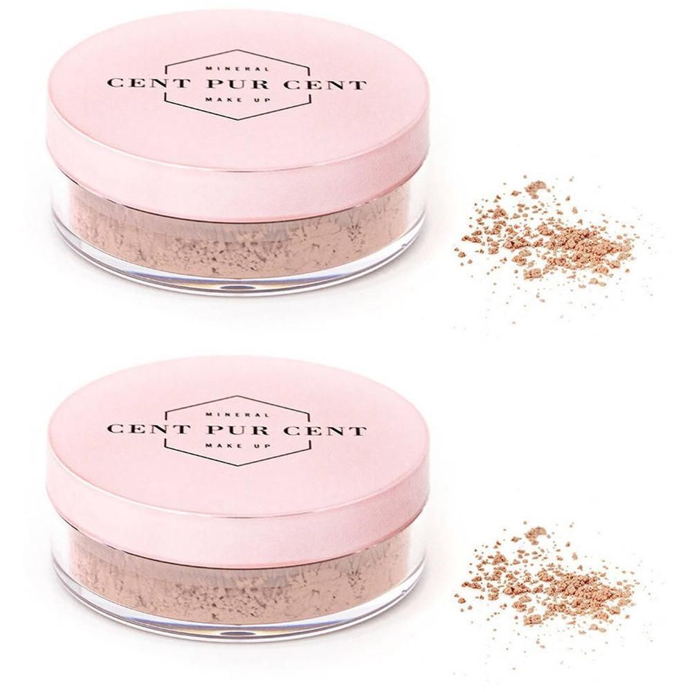 Zwei transparente Tiegel mit rosa Deckel. Aufschrift: MINERAL CENT PUR CENT MAKE UP. Daneben loser Puder.