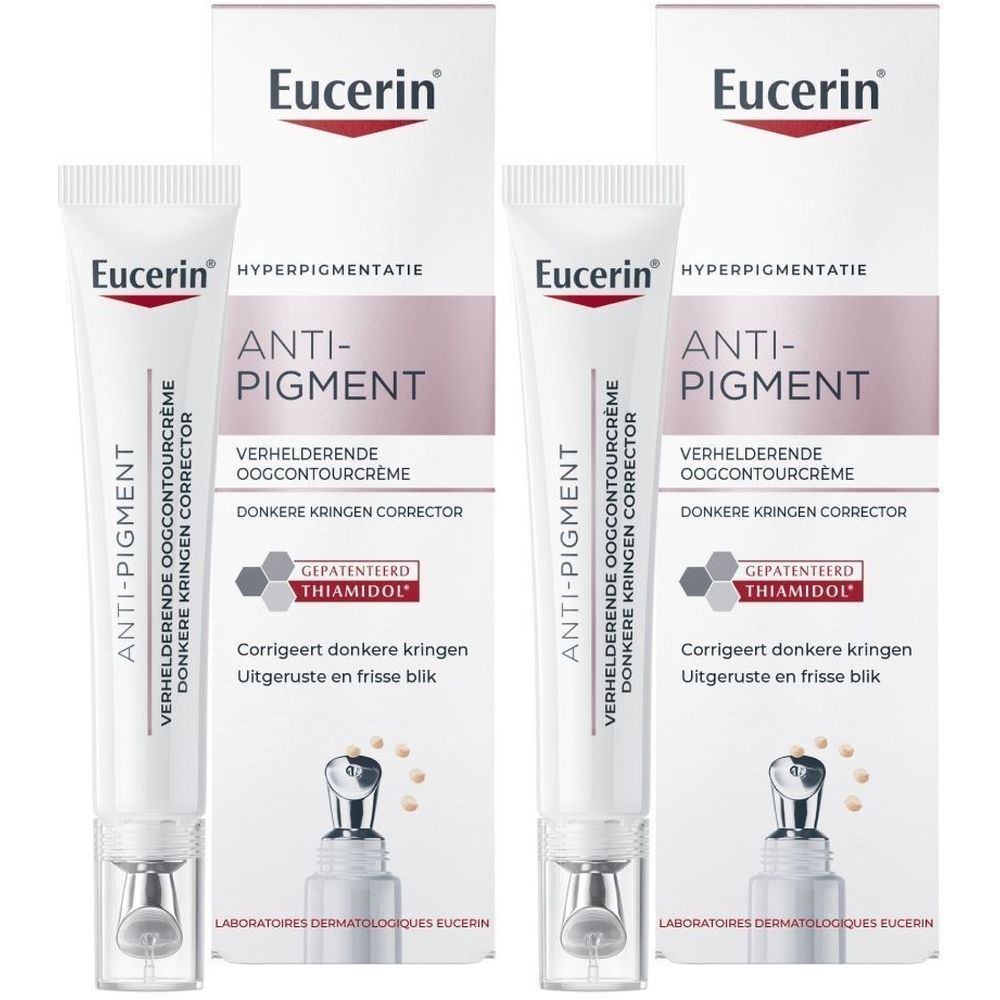 Zwei Tuben mit weißer Verpackung. Aufschrift: Eucerin Anti-Pigment, Augencreme. Mit Applikator und Karton.