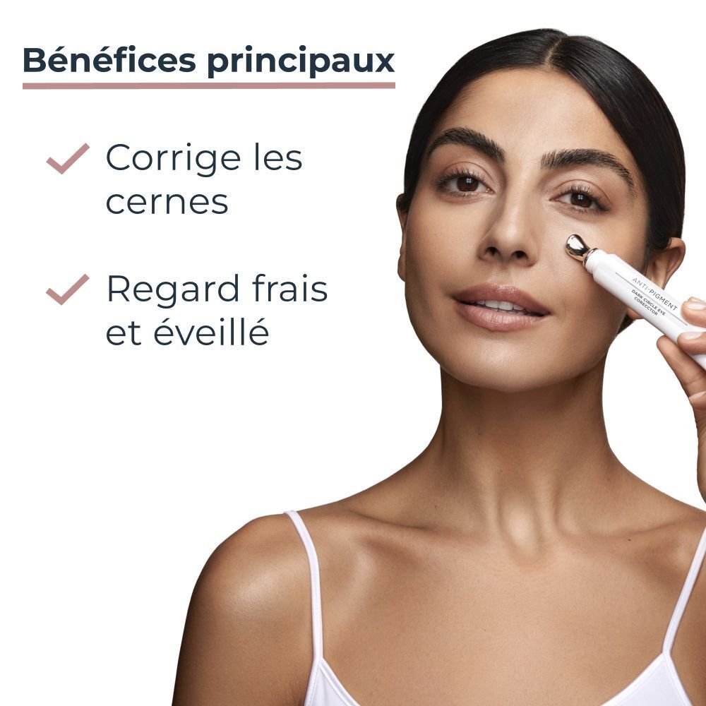 Une femme applique le soin contour des yeux Eucerin Anti-Pigment, avec texte sur les bénéfices.