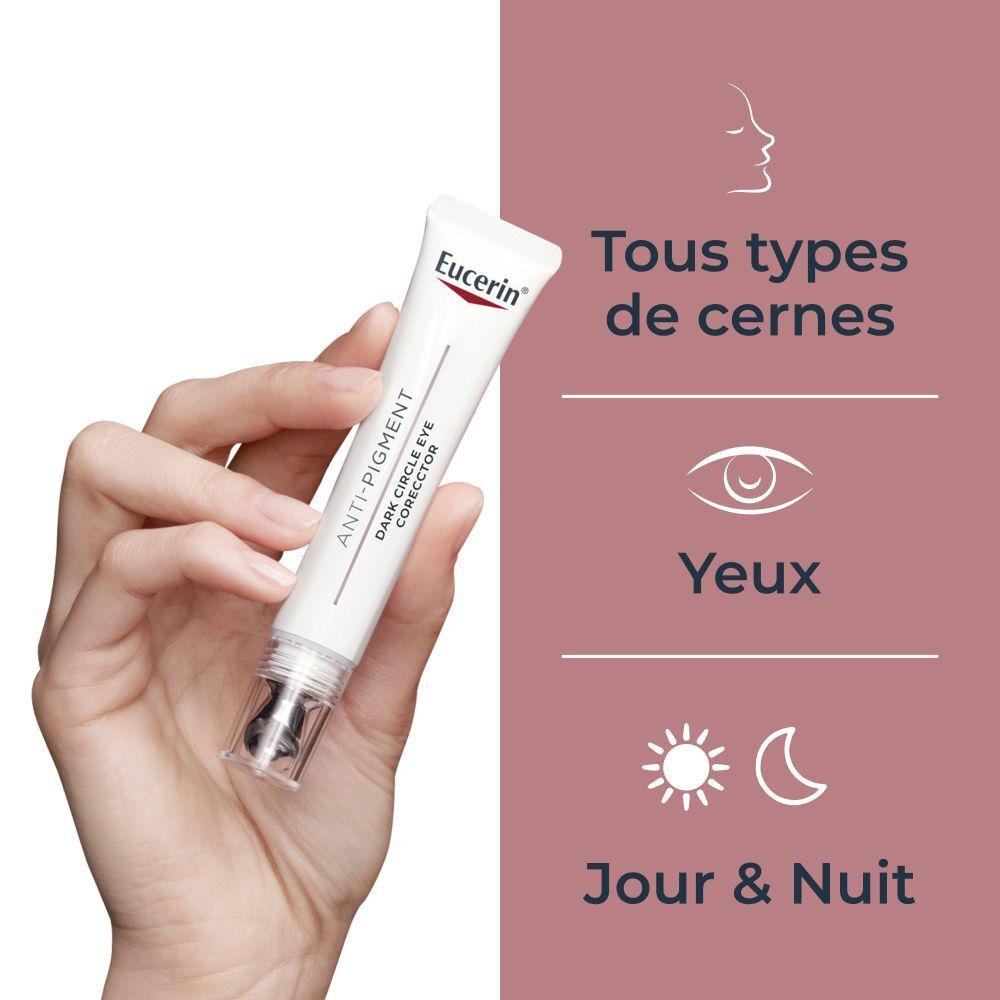 Une main tient un tube de soin contour des yeux Eucerin Anti-Pigment, avec texte sur usage et yeux.