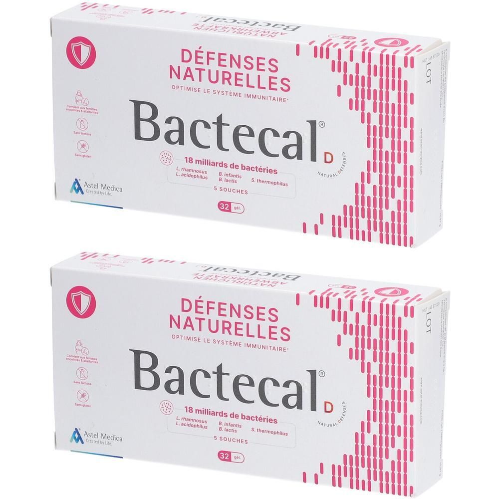 Zwei Packungen Bactecal D mit Abbildungen von Bakterien und einem Schild.
