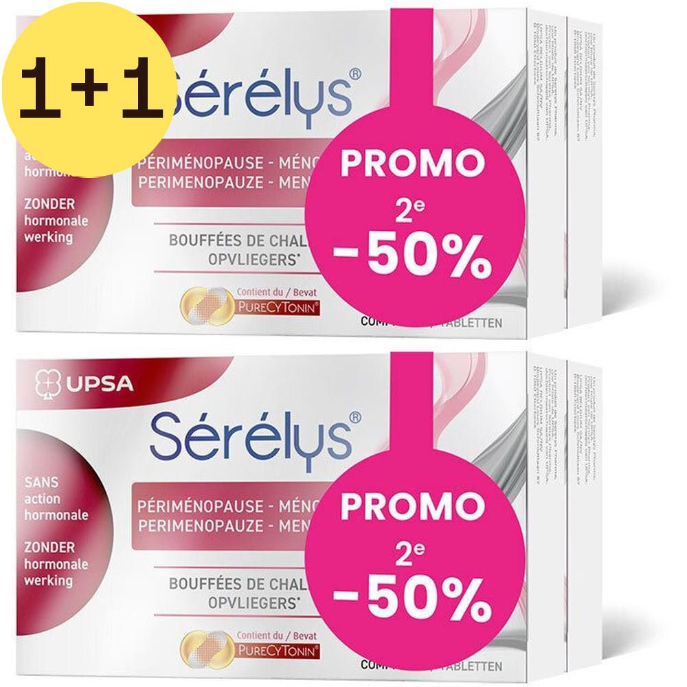 Deux boîtes Sérélys, rose et blanc, avec l'inscription Promo -50%.