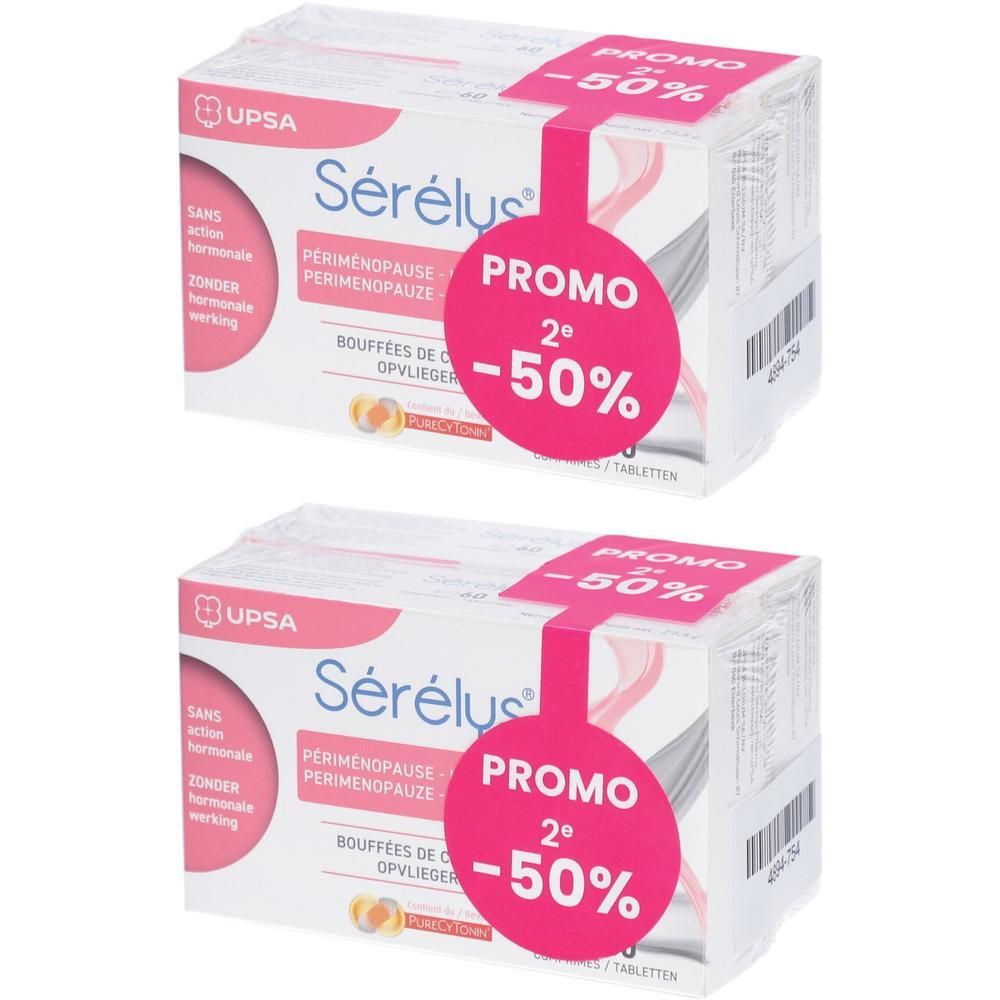 Deux boîtes de Serelys Promopack, toutes deux avec un autocollant promotionnel de -50%.