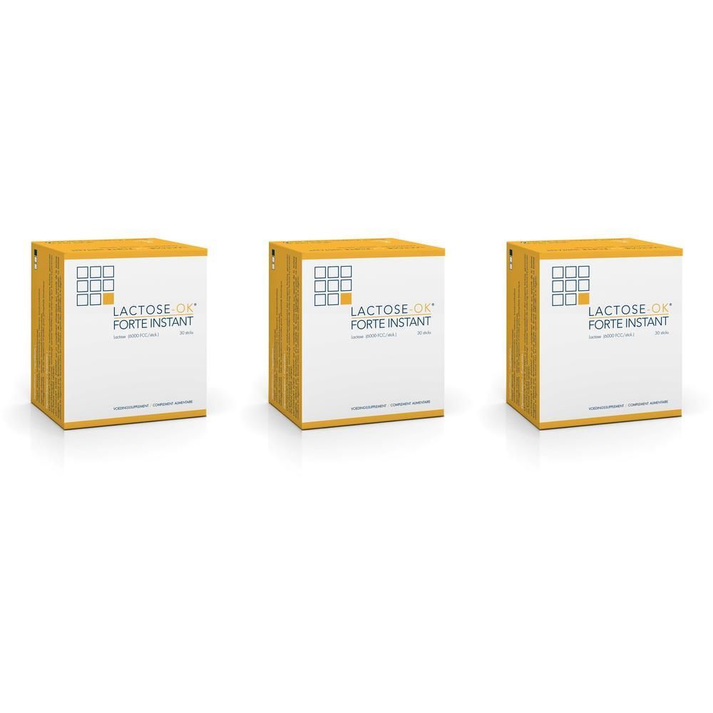 Drei quadratische Kartons mit weißer Vorderseite und gelber Oberseite. Aufdruck: Lactose OK Forte Instant.