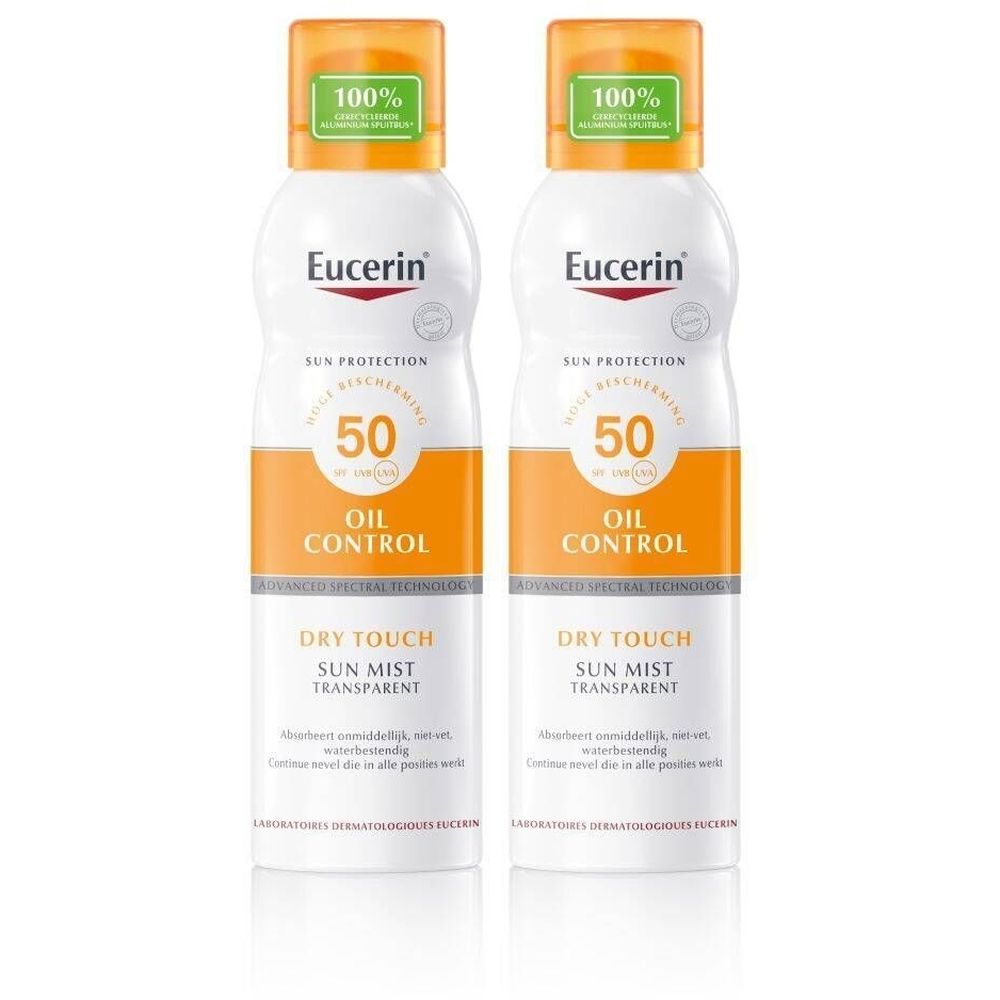 Zwei weiße Sprühflaschen mit orangefarbenen Akzenten. Aufschrift: Eucerin Sun Protection 50 Oil Control Dry Touch Sun Mist Transparent.