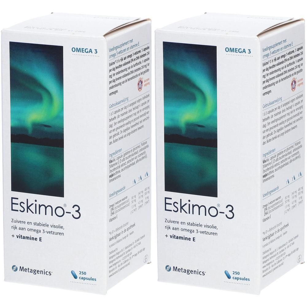 Zwei Schachteln Eskimo-3, Omega-3-Nahrungsergänzungsmittel. Weiße Verpackung mit blau-grünem Design und Text.