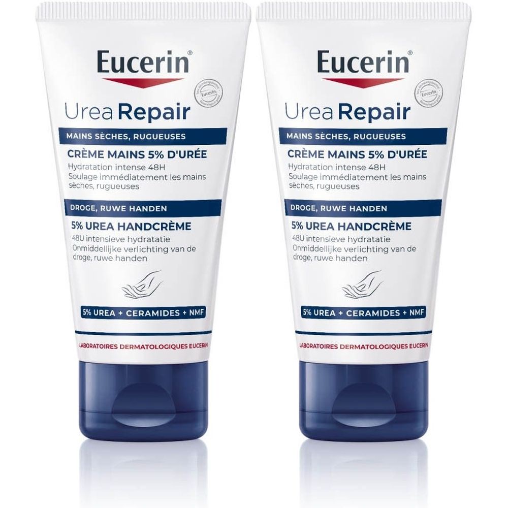 Zwei Tuben Handcreme. Aufschrift: Eucerin Urea Repair, 5% Urea Handcreme. Blaue Kappe, weiße Tube.