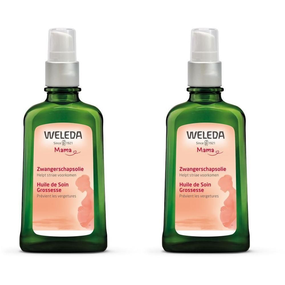 Zwei grüne Flaschen mit Sprühkopf. Auf dem Etikett steht "Weleda Mama Schwangerschafts-Pflegeöl".