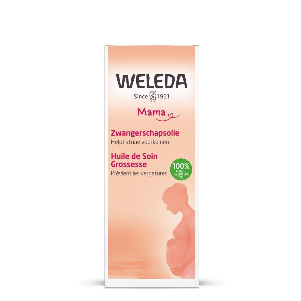 Verpackung von Weleda Mama Schwangerschafts-Pflegeöl. Aufdruck: "Weleda Mama", "Zwangerschapsolie", "100% natürlich".