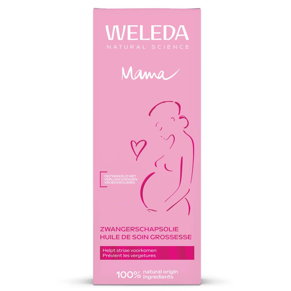 Emballage d'Huile de Soin Grossesse Weleda. Face avant rose avec silhouette de femme enceinte et sceau '100% d'origine naturelle'.