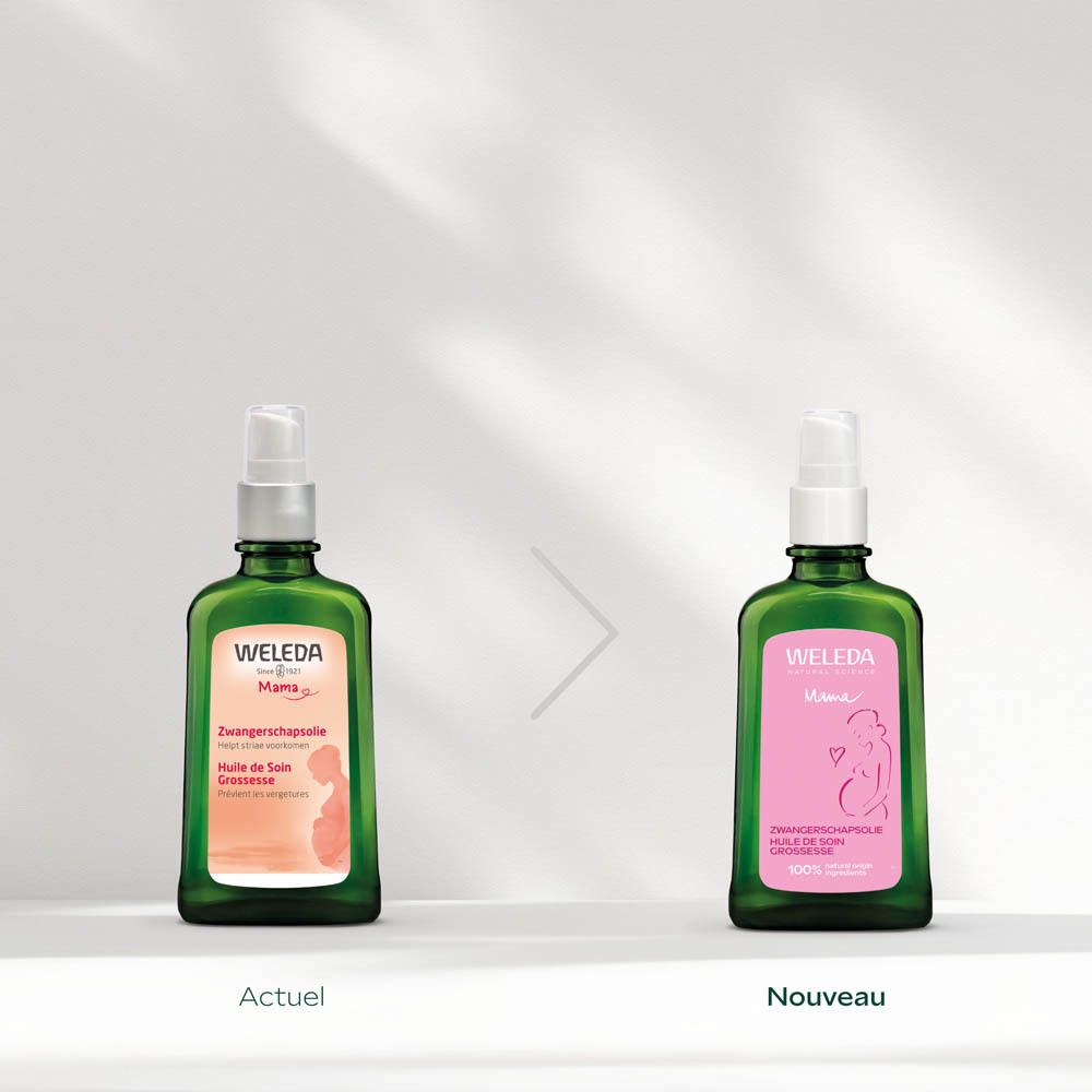 Comparaison : ancien et nouvel emballage d'Huile de Soin Grossesse Weleda. Gauche 'Actuel', droite 'Nouveau'.