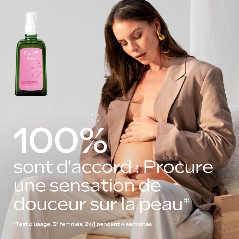 Femme enceinte assise, tenant son ventre. À côté, flacon d'Huile de Soin Grossesse Weleda. Texte : '100% sont d'accord : Procure une sensation de douceur sur la peau'.