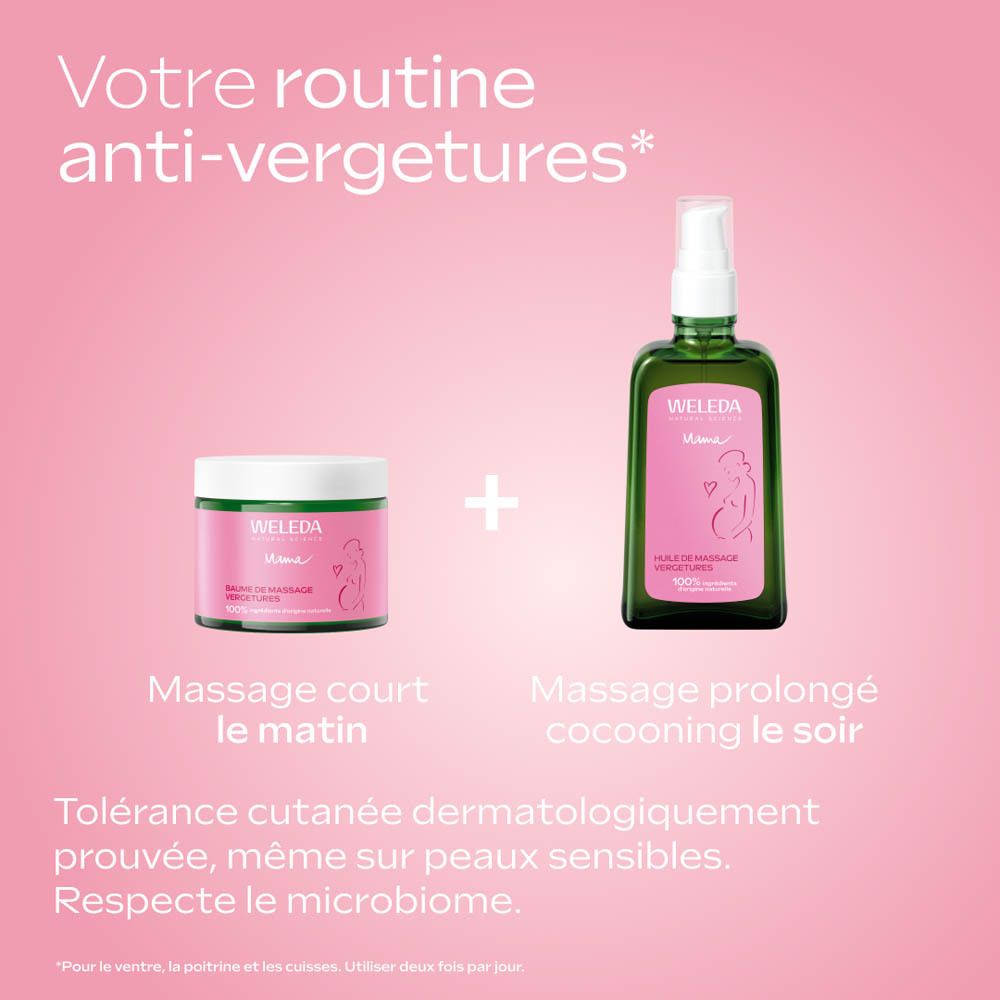 Routine anti-vergetures : Huile de Soin Grossesse Weleda et une crème. Gauche 'Massage court le matin', droite 'Massage prolongé cocooning le soir'.