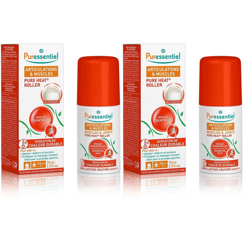 Quatre boîtes et roll-on. Inscription : Articulations & Muscles, Pure Heat Roller. Avec bouchon orange.