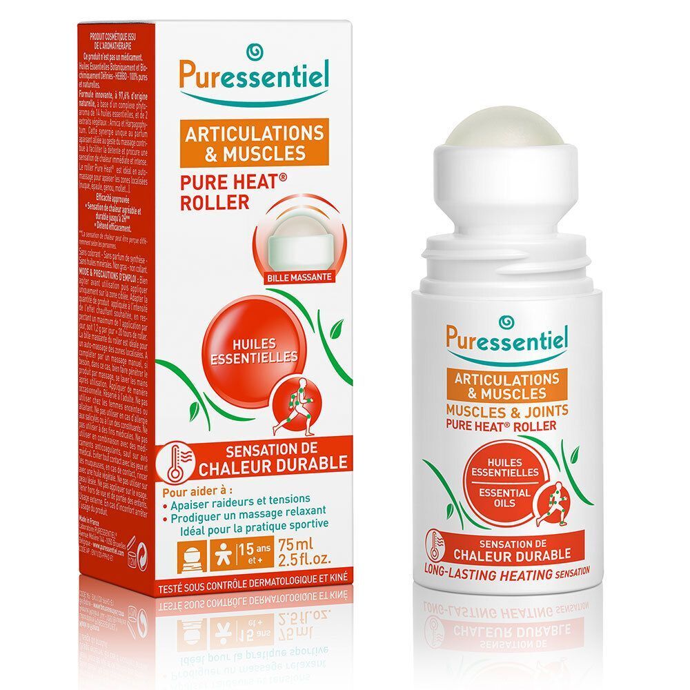 Weißer Roller mit orangefarbener Kappe. Aufschrift: Articulations & Muscles, Pure Heat Roller. Mit Massagekugel.