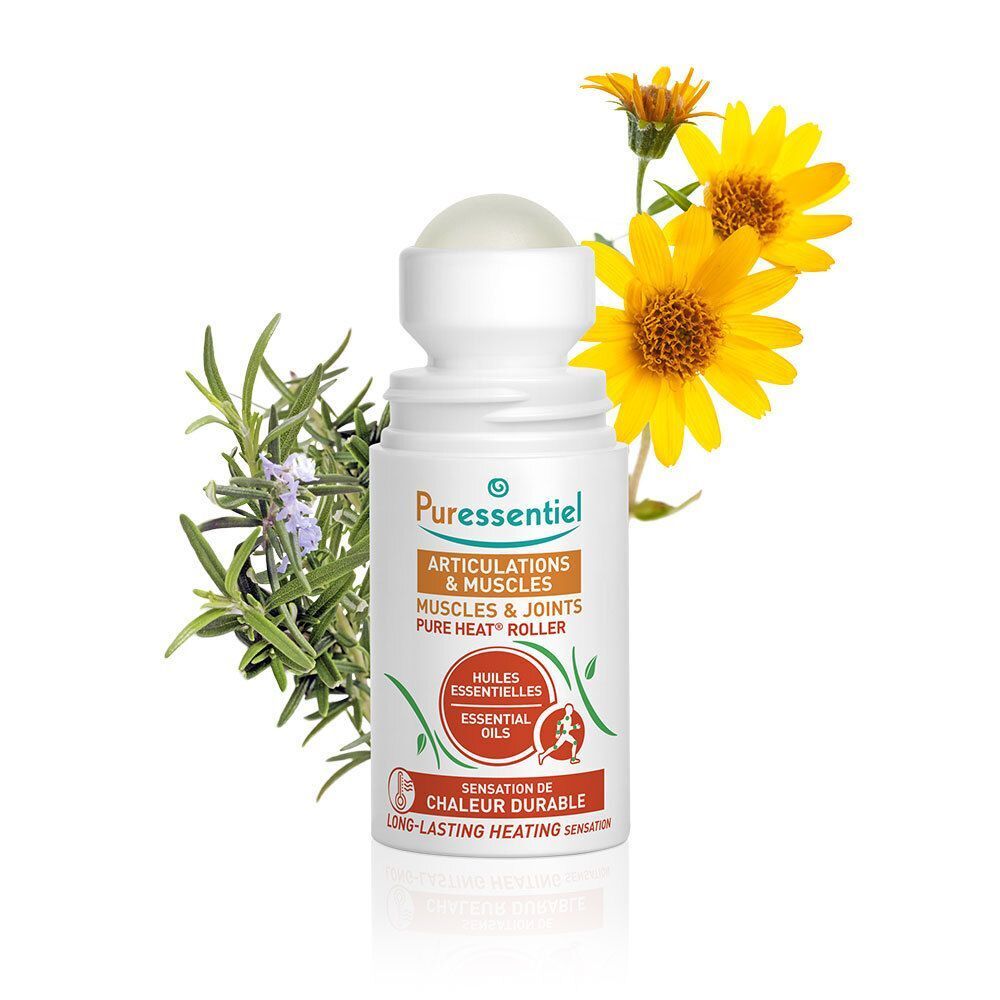 Weißer Roller mit orangefarbener Kappe. Aufschrift: Articulations & Muscles, Pure Heat Roller. Mit Massagekugel.