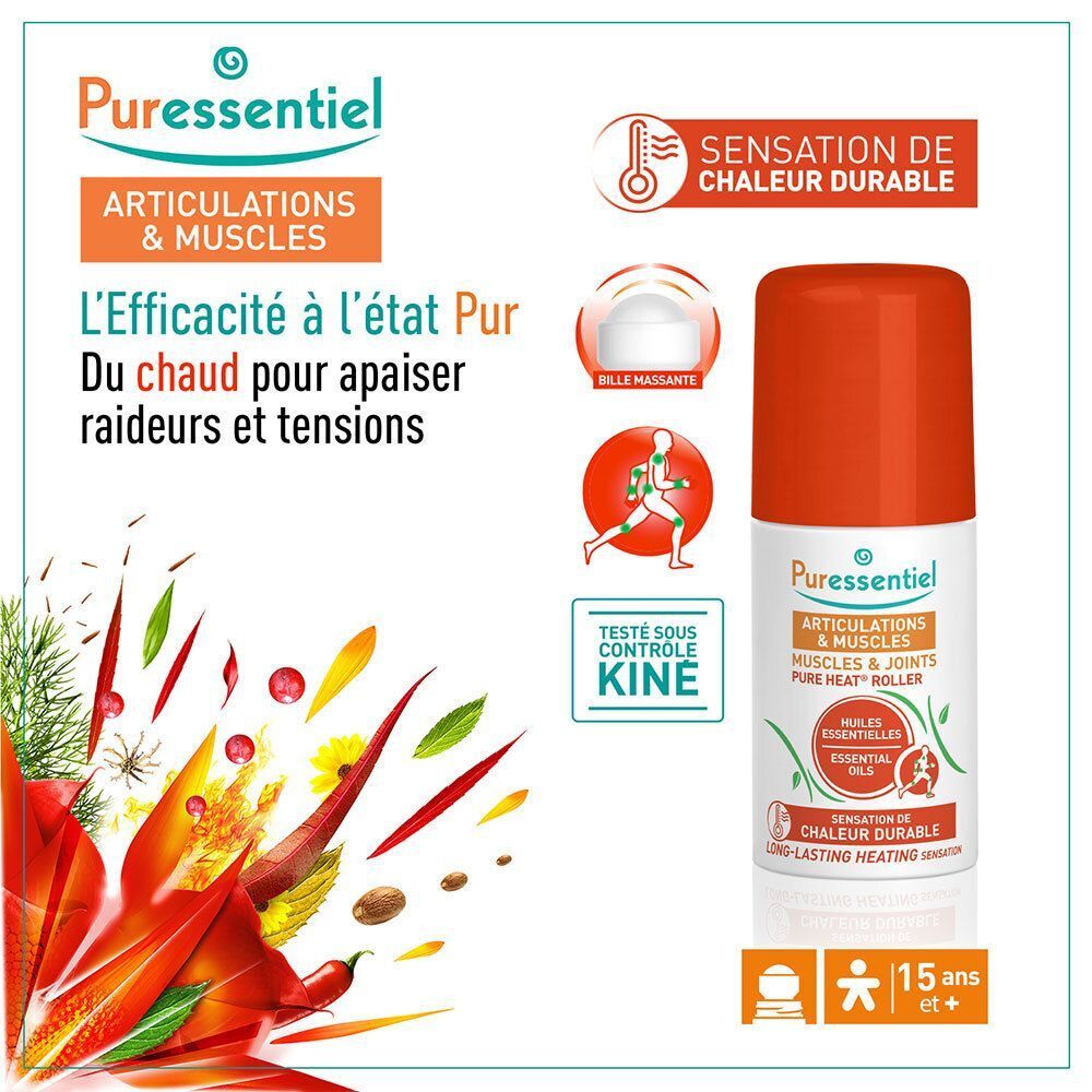 Roller mit orangefarbener Kappe. Aufschrift: Articulations & Muscles, Pure Heat Roller. Mit Text: 15 ans et +.
