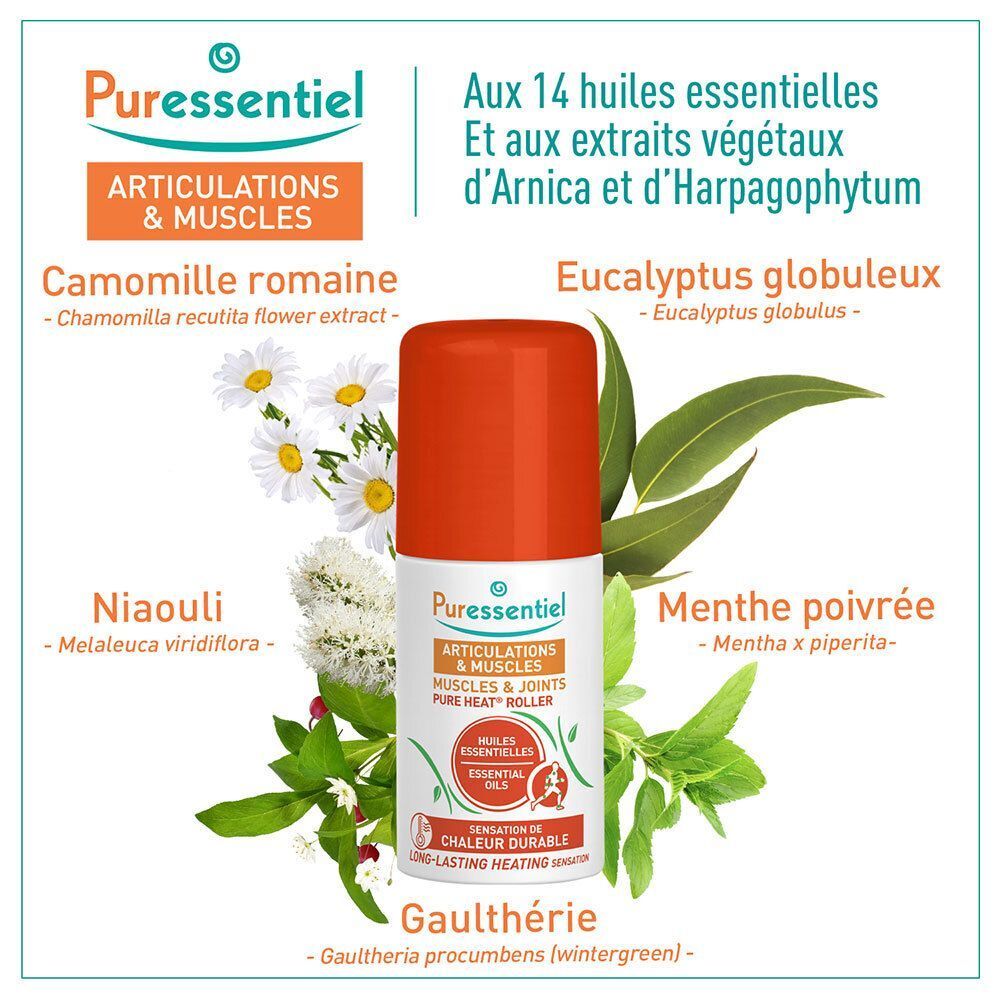 Roller mit orangefarbener Kappe. Aufschrift: Articulations & Muscles, Essential Oils. Mit Pflanzen und Kräutern.