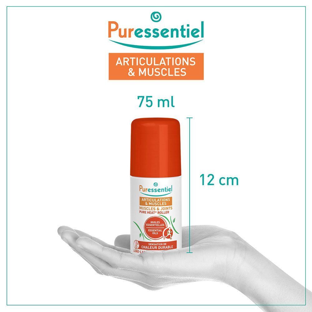 Puressentiel Gelenke Pure Heat Roller: 75 ml Roll-on, 12 cm hoch, in der Hand gehalten.