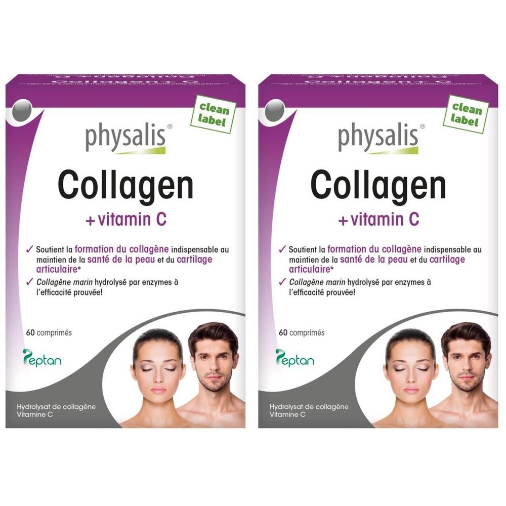 Deux boîtes de Physalis Collagen + vitamine C. Inscription: Collagen + vitamine C, 60 comprimés. Illustration de visages.