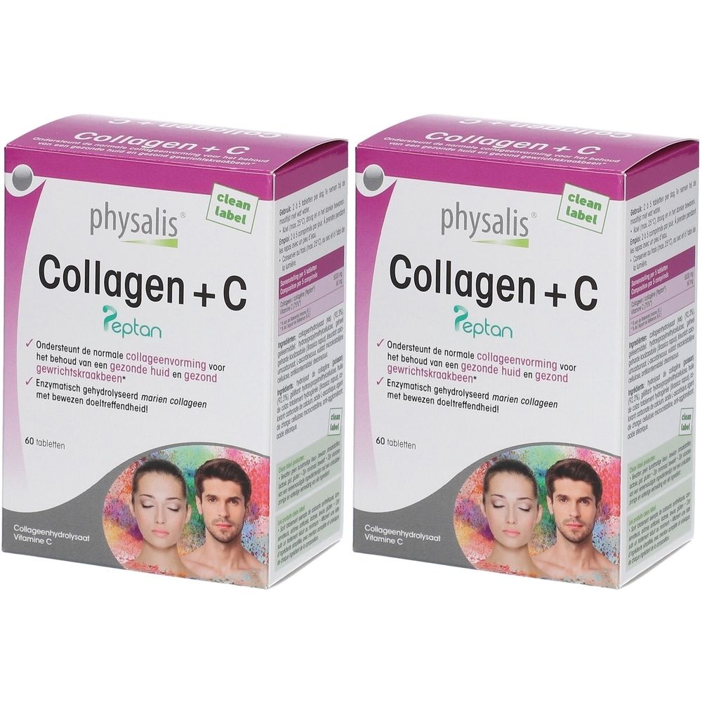 Zwei Packungen Physalis Collagen + C. Aufschrift: Collagen + C, Peptan, 60 Tabletten. Abbildung von Gesichtern.