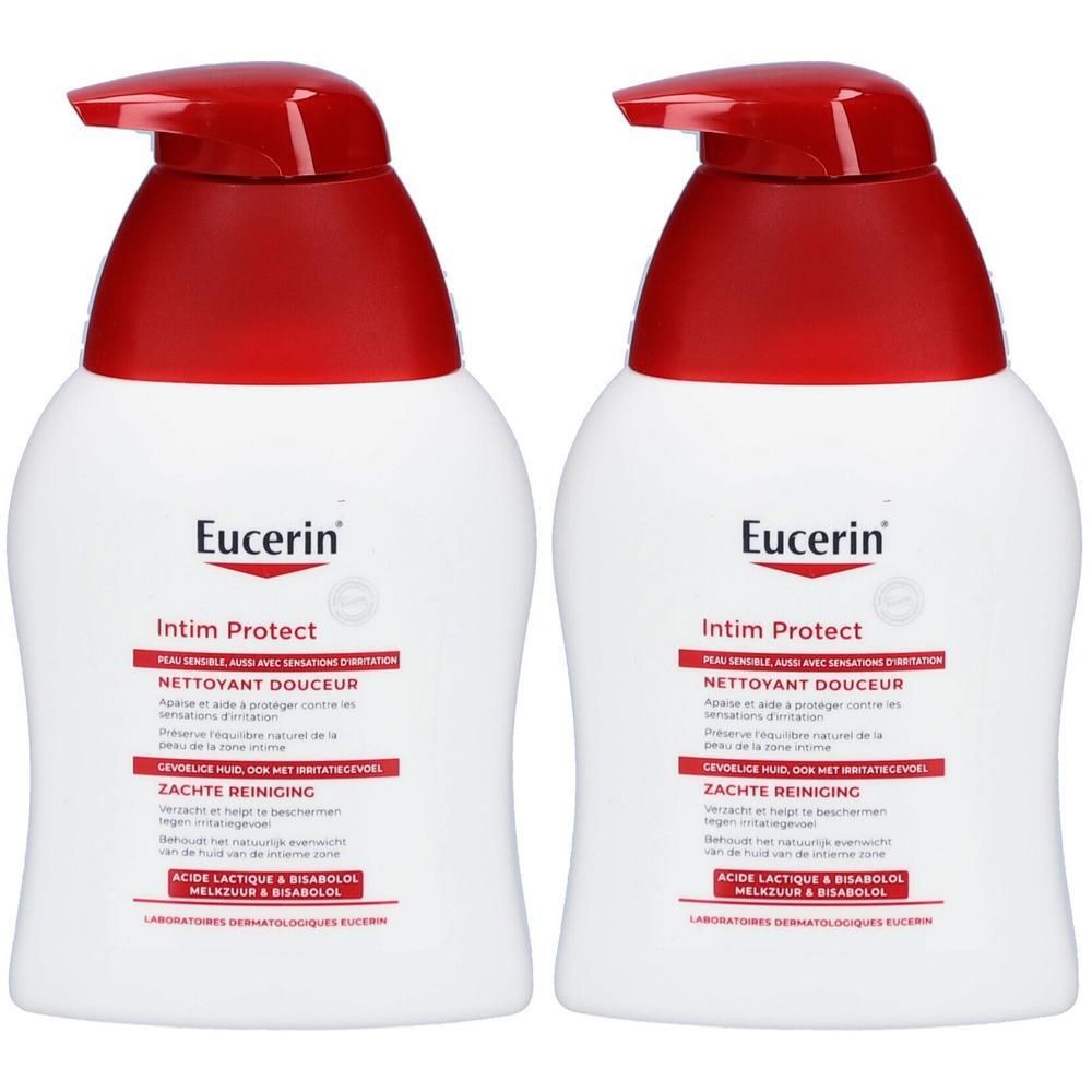 Zwei weiße Flaschen mit rotem Pumpkopf. Aufschrift: Eucerin Intim Protect. Text in Französisch und Niederländisch.