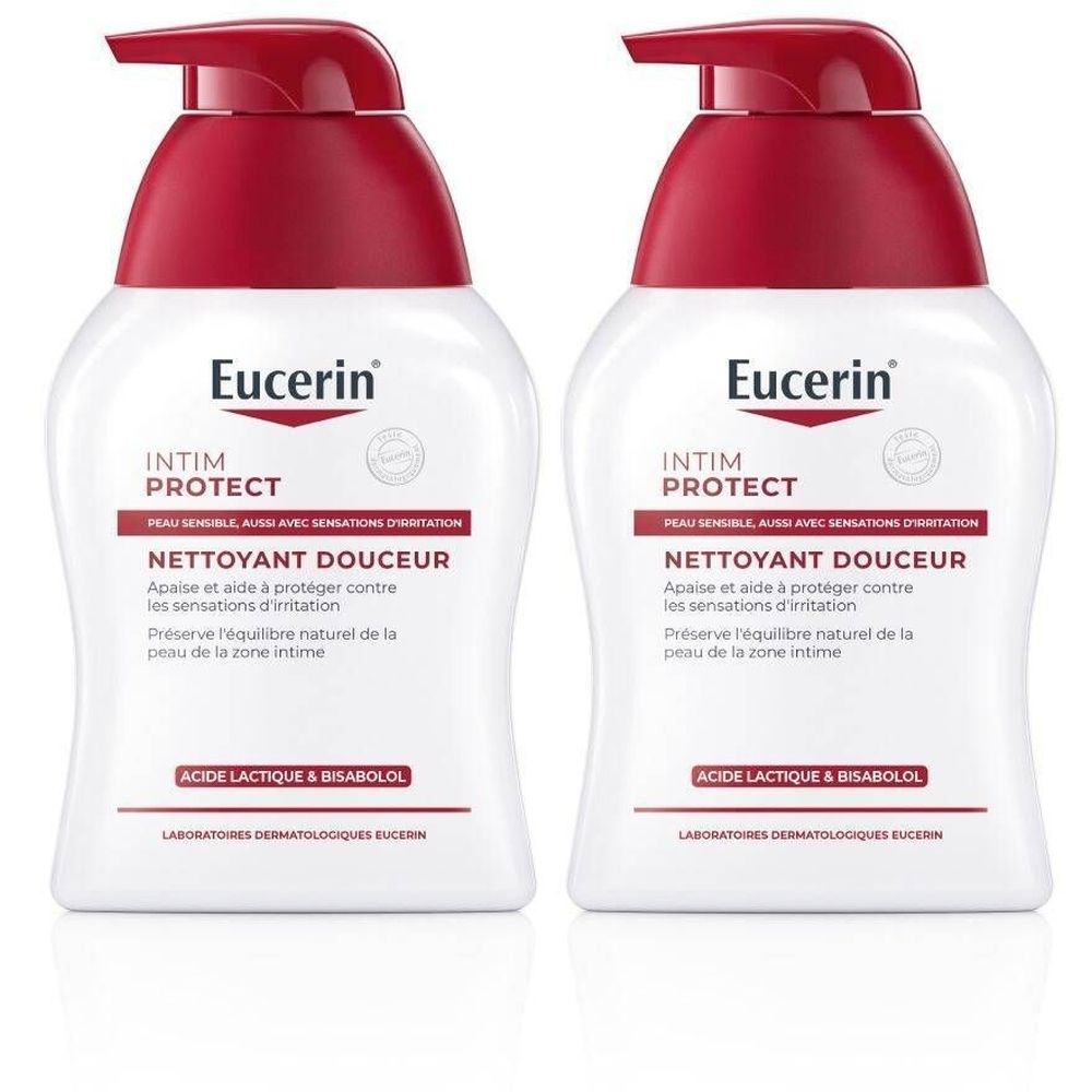 Deux flacons blancs avec pompe rouge. Inscription: Eucerin Intim Protect. Texte en français.
