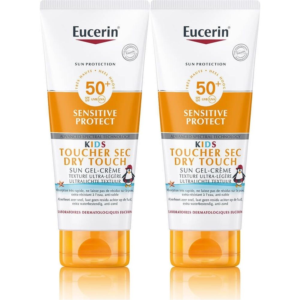 Deux tubes de Eucerin Sun Protection Sensitive Protect Kids SPF50+ Gel-Crème. Tubes blancs avec accents orange et texte.