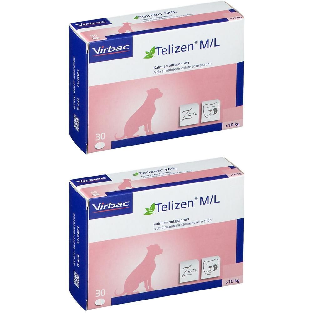 Zwei Kartons Telizen M/L für Hunde. Rosa-weiße Verpackung mit Logo, Produktname und Hunde-Silhouette. 30 Tabletten.
