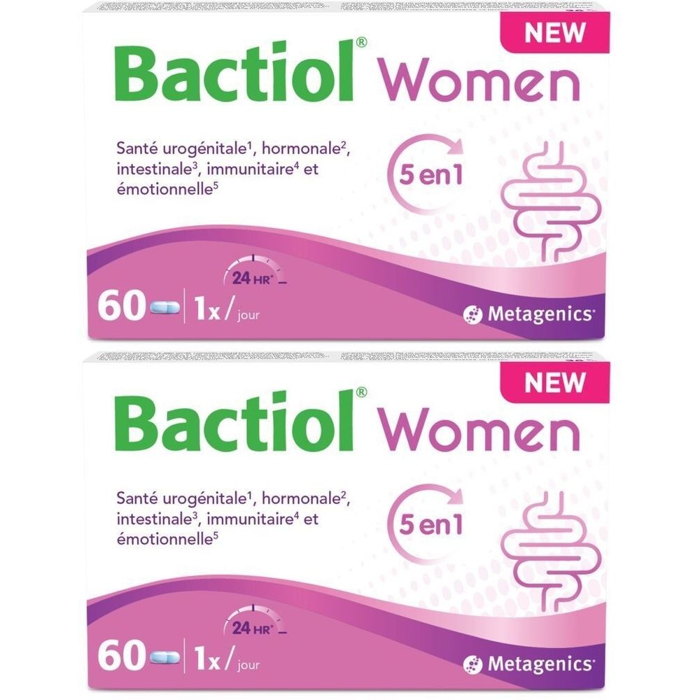 Deux boîtes de Bactiol Women. Boîtes blanches avec accents roses et texte français. Logo 5 en 1 et 60 comprimés.