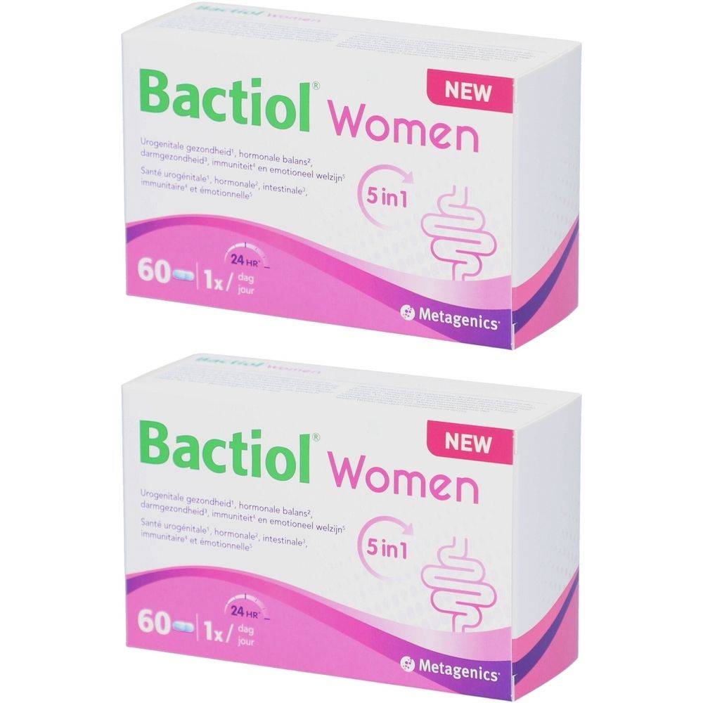 Zwei Packungen Bactiol Women. Weiße Schachteln mit rosa Akzenten und Produktnamen. 5 in 1 Logo und 60 Tabletten.