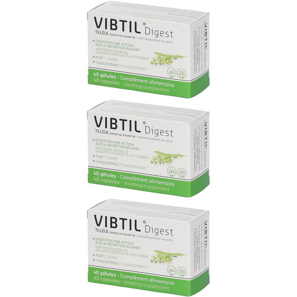 Drei Schachteln VIBTIL Digest. Weiße Verpackung mit grünen Akzenten und Produktinformationen. 40 Kapseln.